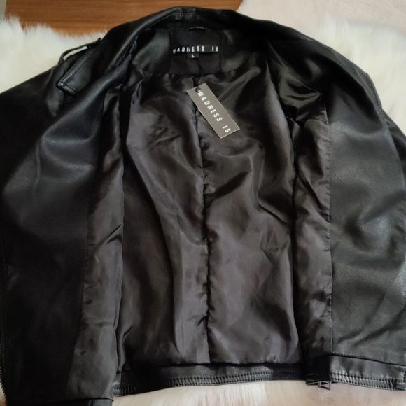 Black Faux Leather Jacket with Graphic Text - Picture 3 of 7